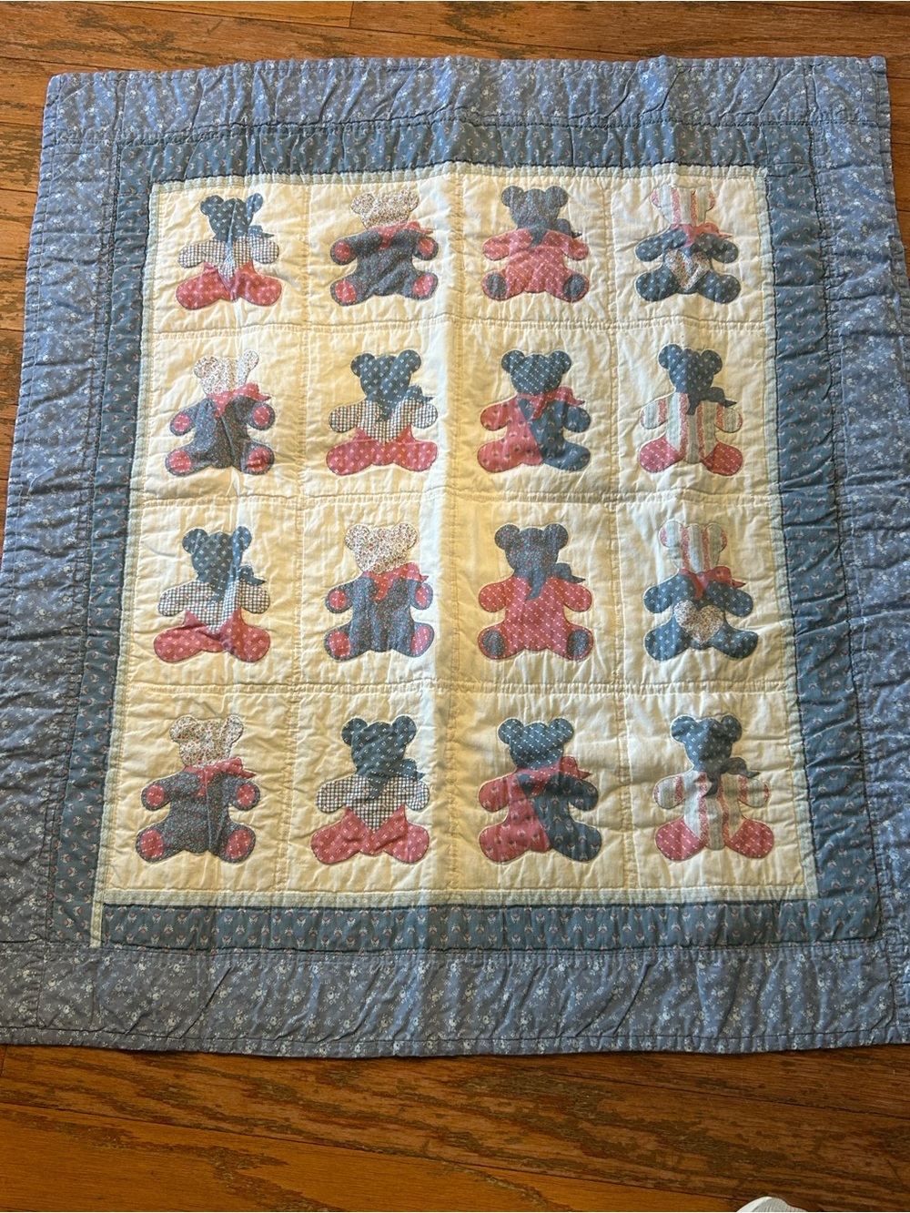 Vintage Cotton Teddy Bear Crib Comforter Baby Blanket Quilt Unisex